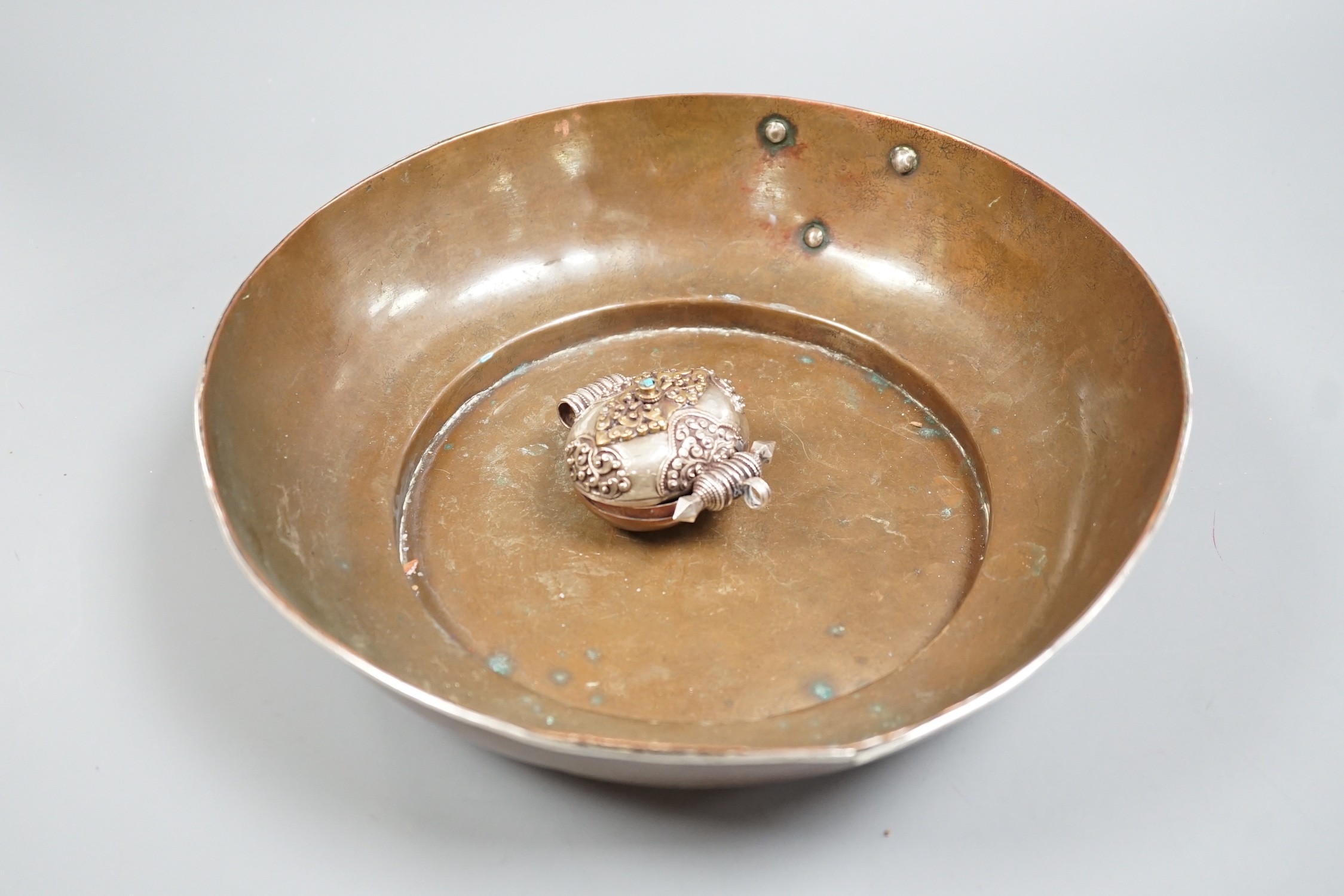 A Tibetan copper bowl and Gau, largest 28cm diameter - Image 2 of 4