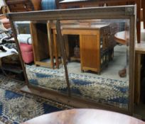 An early 20th century oak framed twin plate overmantel mirror, width 157cm, height 115cm