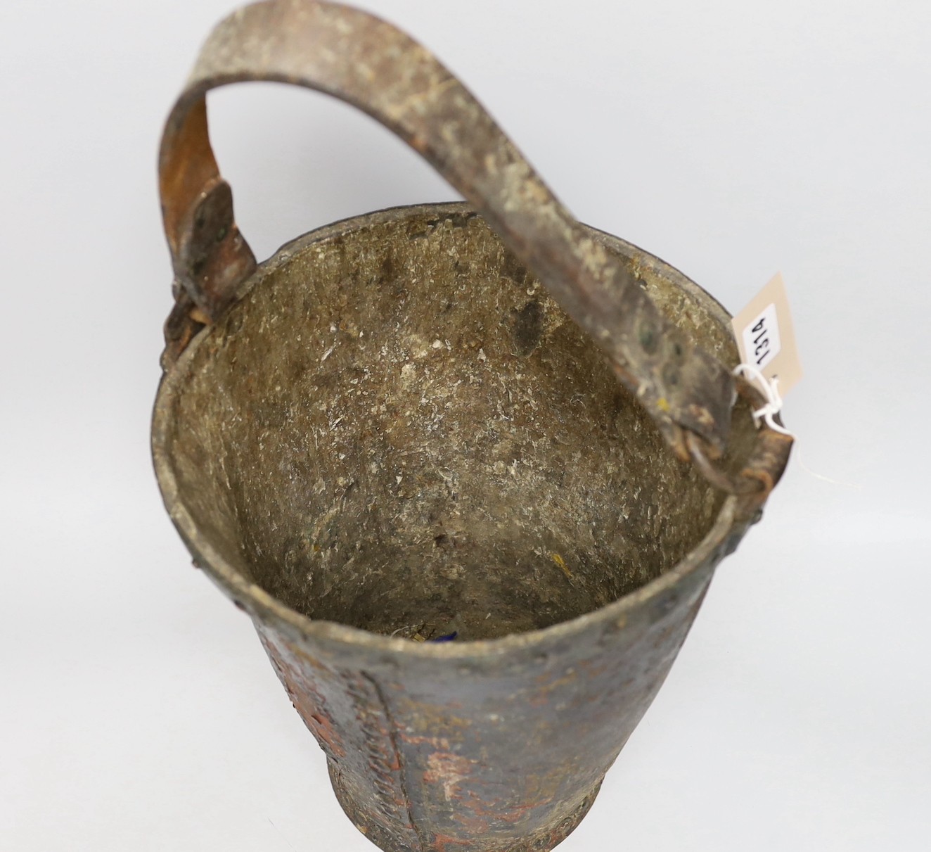 A Victorian leather bound coat of arms fire bucket, bucket 30cms high (not including handle) - Image 3 of 3