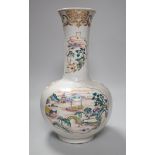 A Chinese enamelled porcelain bottle vase, 36cm, with bianco sopra bianco borders, base drilled