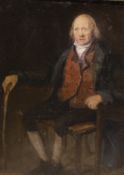 19th century English School, oil on millboard, Full length portrait of a seated gentleman, 32 x