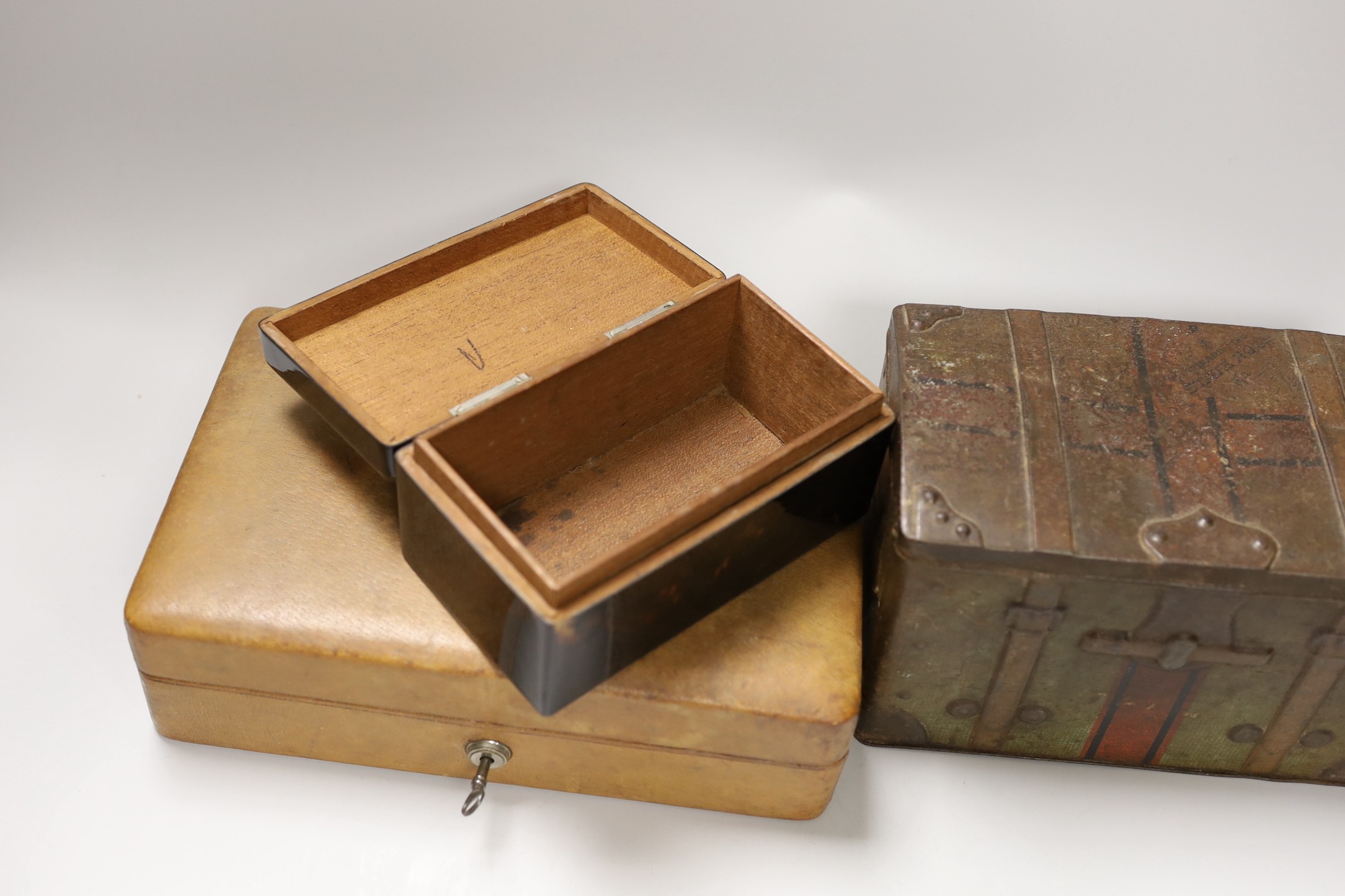 A leather Bramah jewellery case, a tortoiseshell cigarette box and a biscuit box. Widest 25.5cm - Image 2 of 6