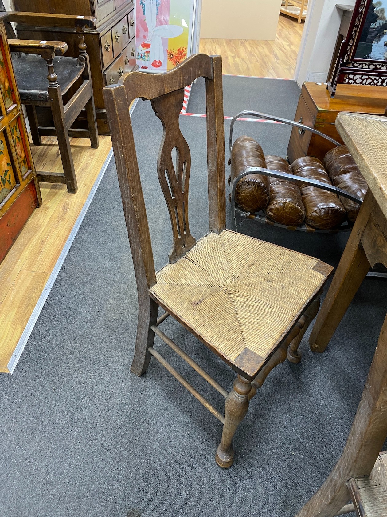 A 19th century elm plank topped kitchen dining table, on a beech underframe, the top, length - Image 4 of 4