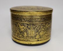 A Burmese gilt decorated papier mache cylindrical box and cover,14cms high