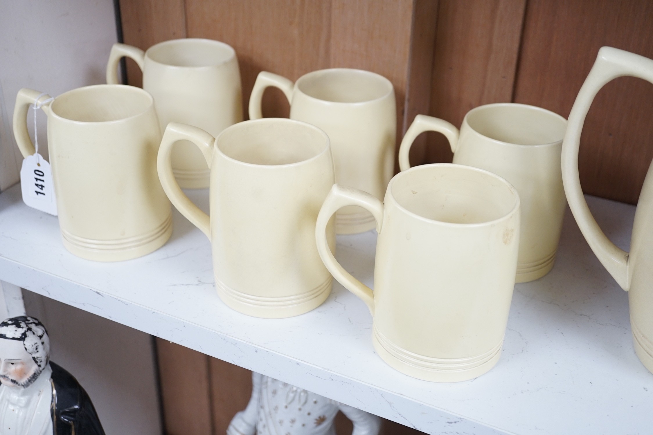 Keith Murray for Wedgwood- a cream-glazed jug and six similar mugs, jug 20.5cms high - Image 2 of 5