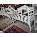 A pair of small Lutyens style painted garden benches, length 130cm, depth 45cm, height 90cm