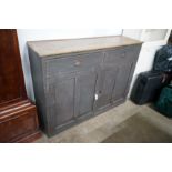 A Victorian painted pine side cabinet, width 140cm, depth 40cm, height 103cm