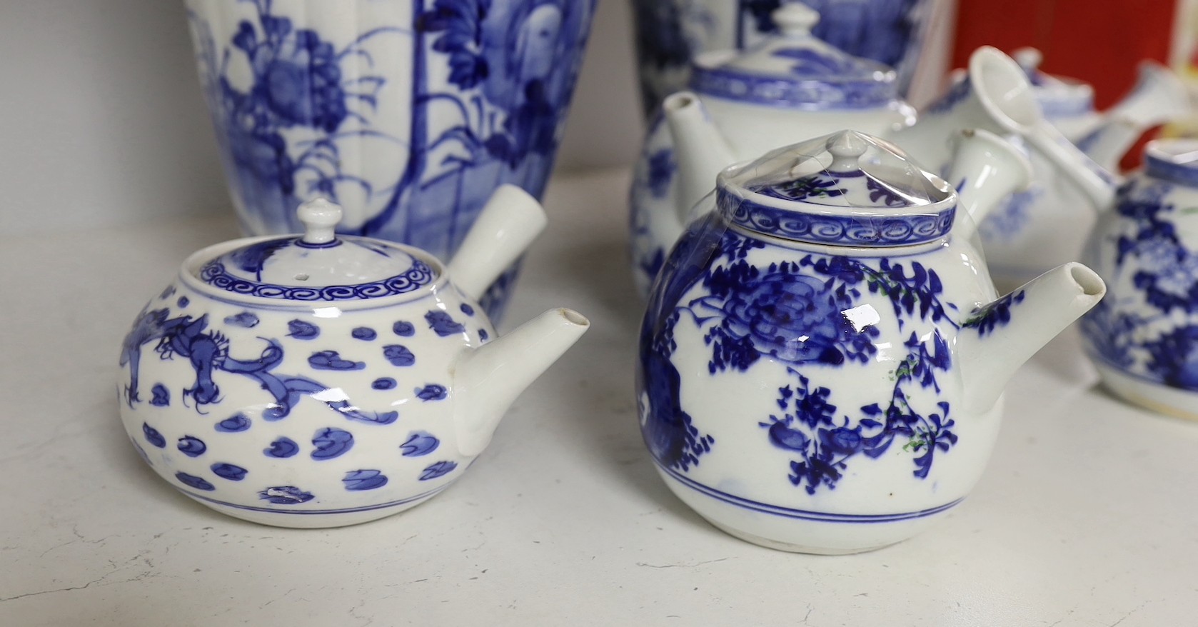A pair of Japanese blue and white vases and various Japanese blue and white porcelain teapots and - Image 2 of 6