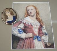 English school late 19th century, watercolour of a redheaded girl and a portrait miniature on card