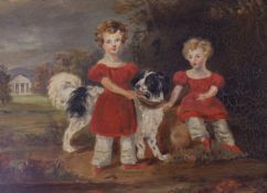 Victorian School, oil on board, Two children with a spaniel, possibly an overpainted print, 29 x