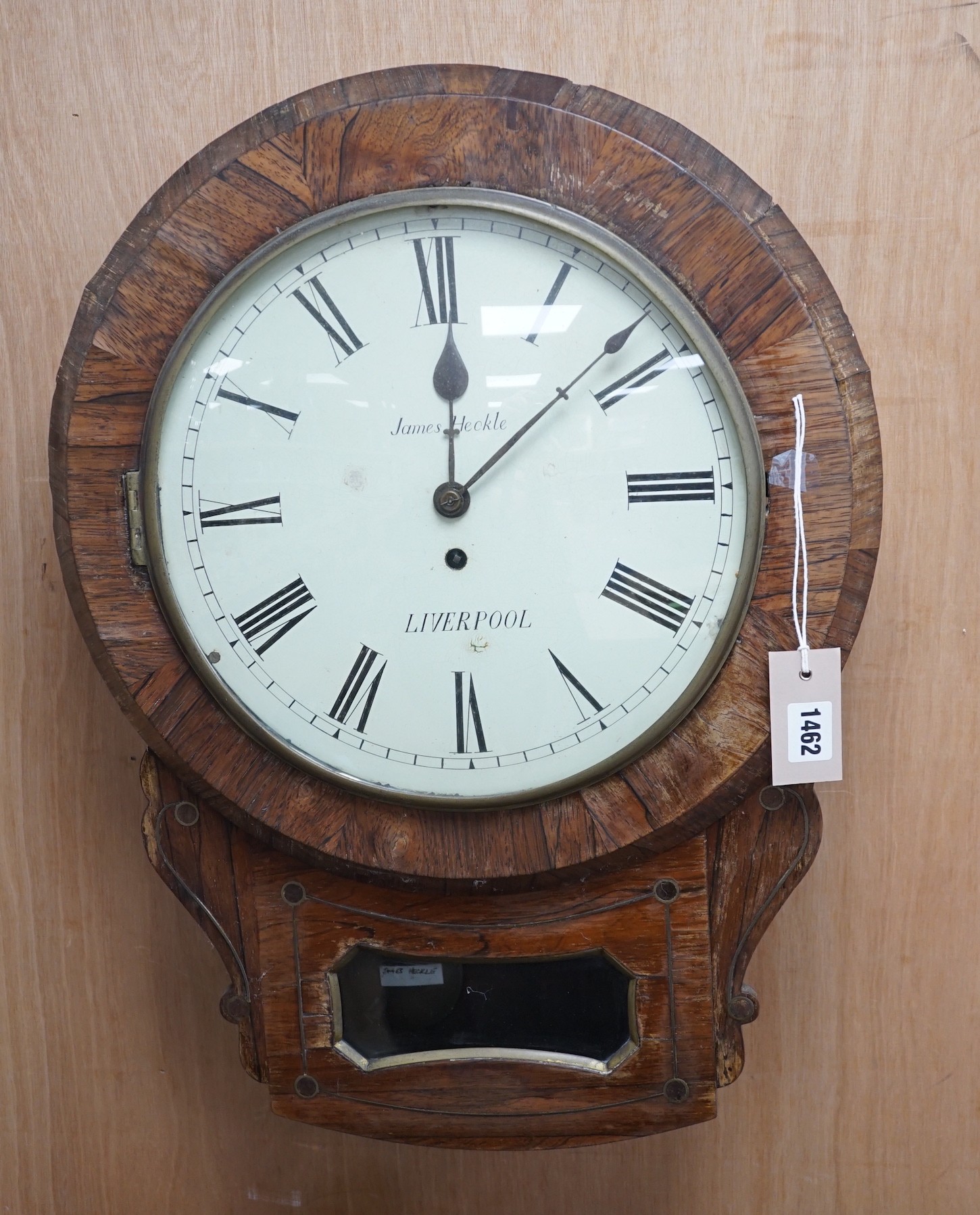 A Victorian inlaid rosewood drop-dial wall clock, James Heckle, Liverpool, single fusee movement