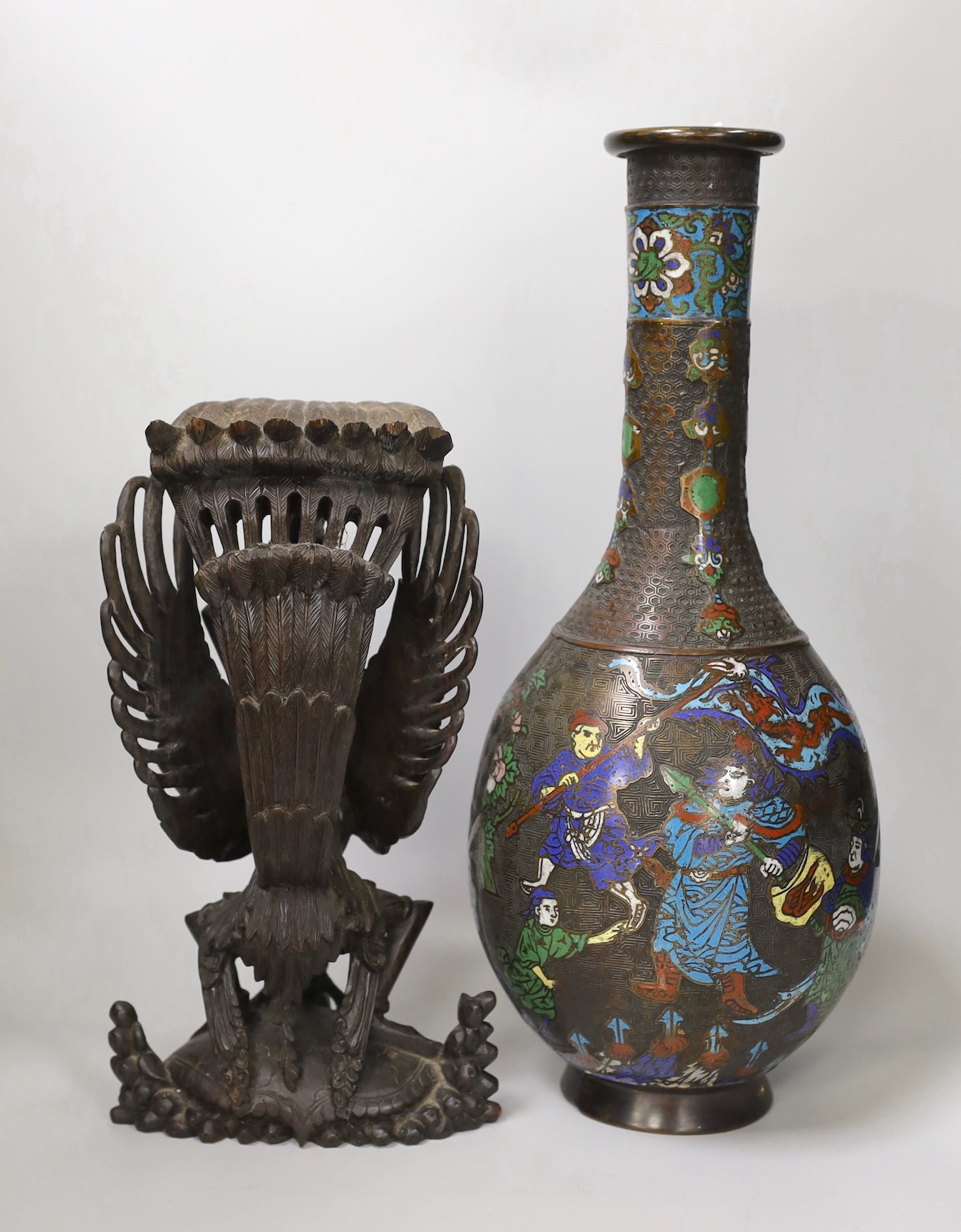 A large Japanese enamelled bronze vase and a Balinese wood carving. Tallest 44cm - Image 2 of 4