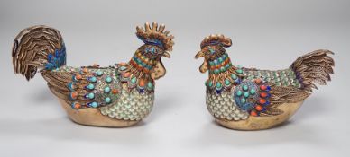 A pair of cased Chinese enamelled gilt white metal roosters with turquoise and coral mounts 14cms