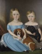 Mid 19th century English School, Portrait of two children seated with their King Charles Spaniels,