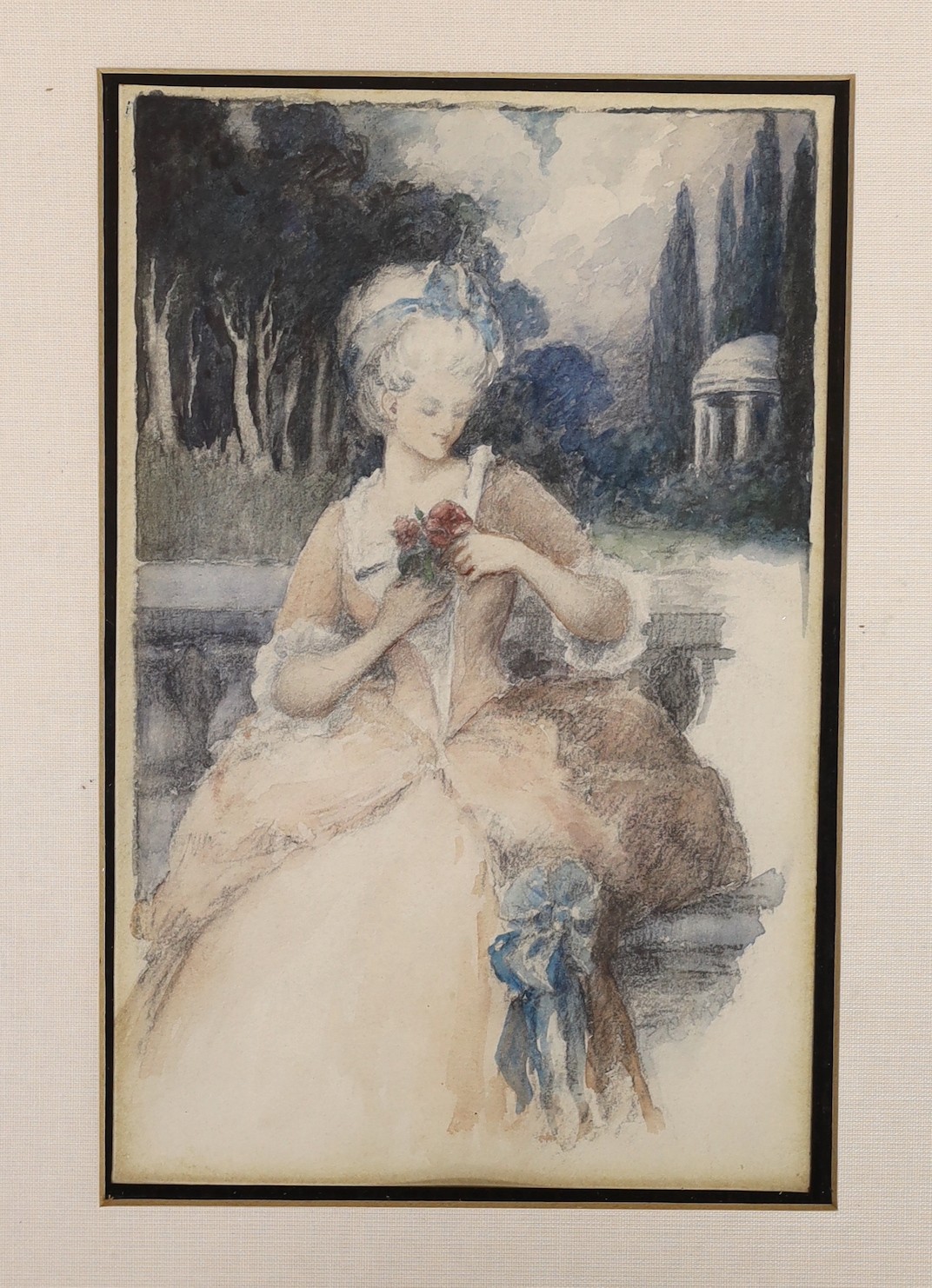 Cicely West (Exh.1925-29), pair of watercolours, Illustrations of ladies in parkland, one - Image 2 of 3