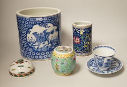 A Chinese blue and white brushpot, enamelled jar, brush pot, famille verte jar cover and a