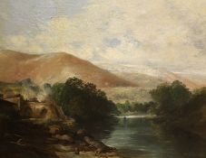 H. Smyth (fl.1845), oil on canvas, Welsh river landscape, label verso, 71 x 92cm, unframed
