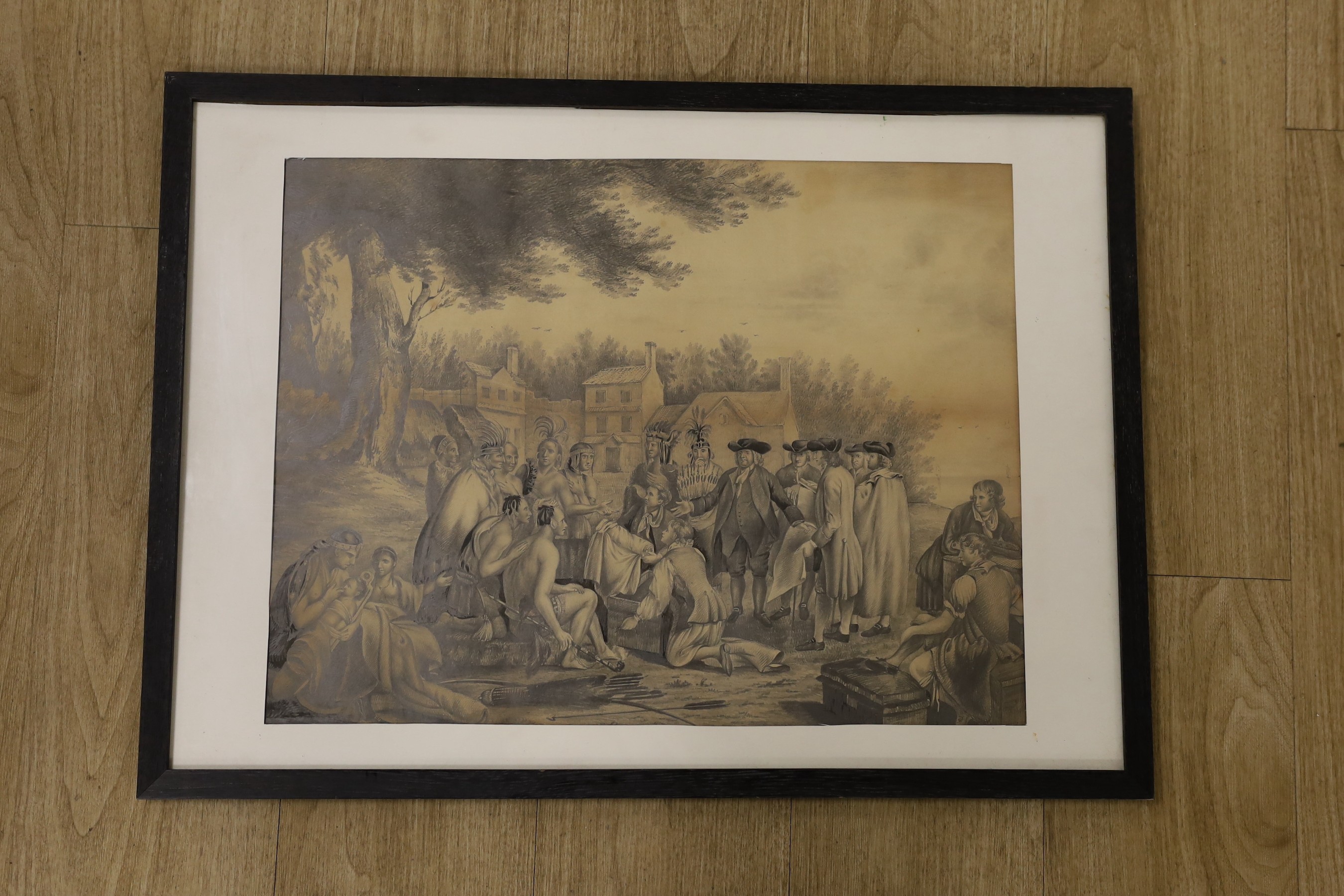 After Benjamin West, pencil drawing, Penn's Treaty with the Indians, 41 x 53cm - Image 2 of 2