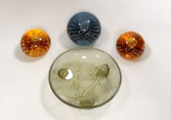 A Verlys pressed glass dish and three Whitefriars glass paperweights, dish 16cm diameter