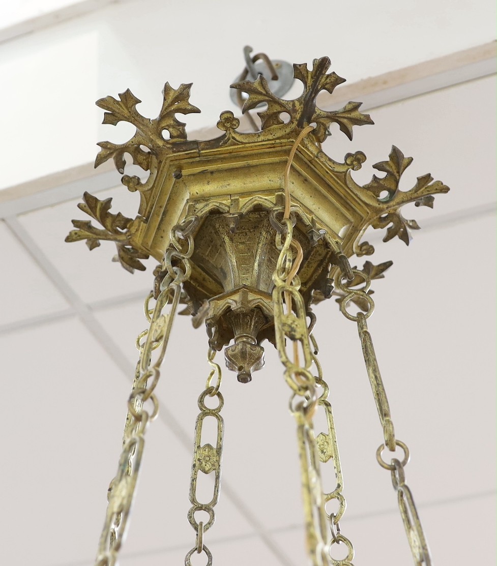 A Neo Gothic 19th century ormolu three light ceiling light, 115cm drop from rose - Image 3 of 3