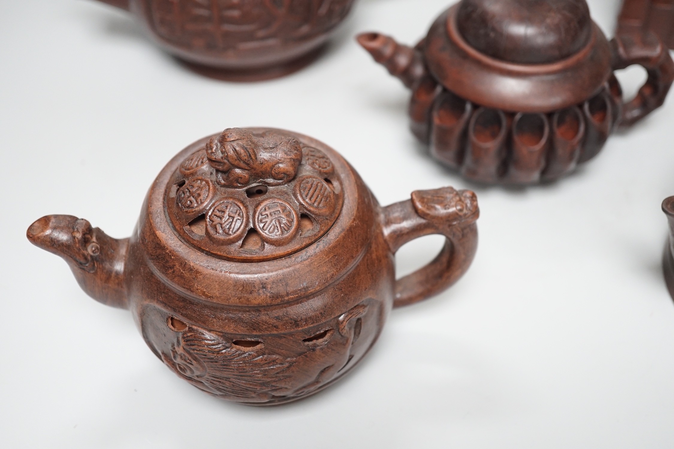 A collection of five Chinese Yixing teapots, tallest 6.5cms high - Image 3 of 13