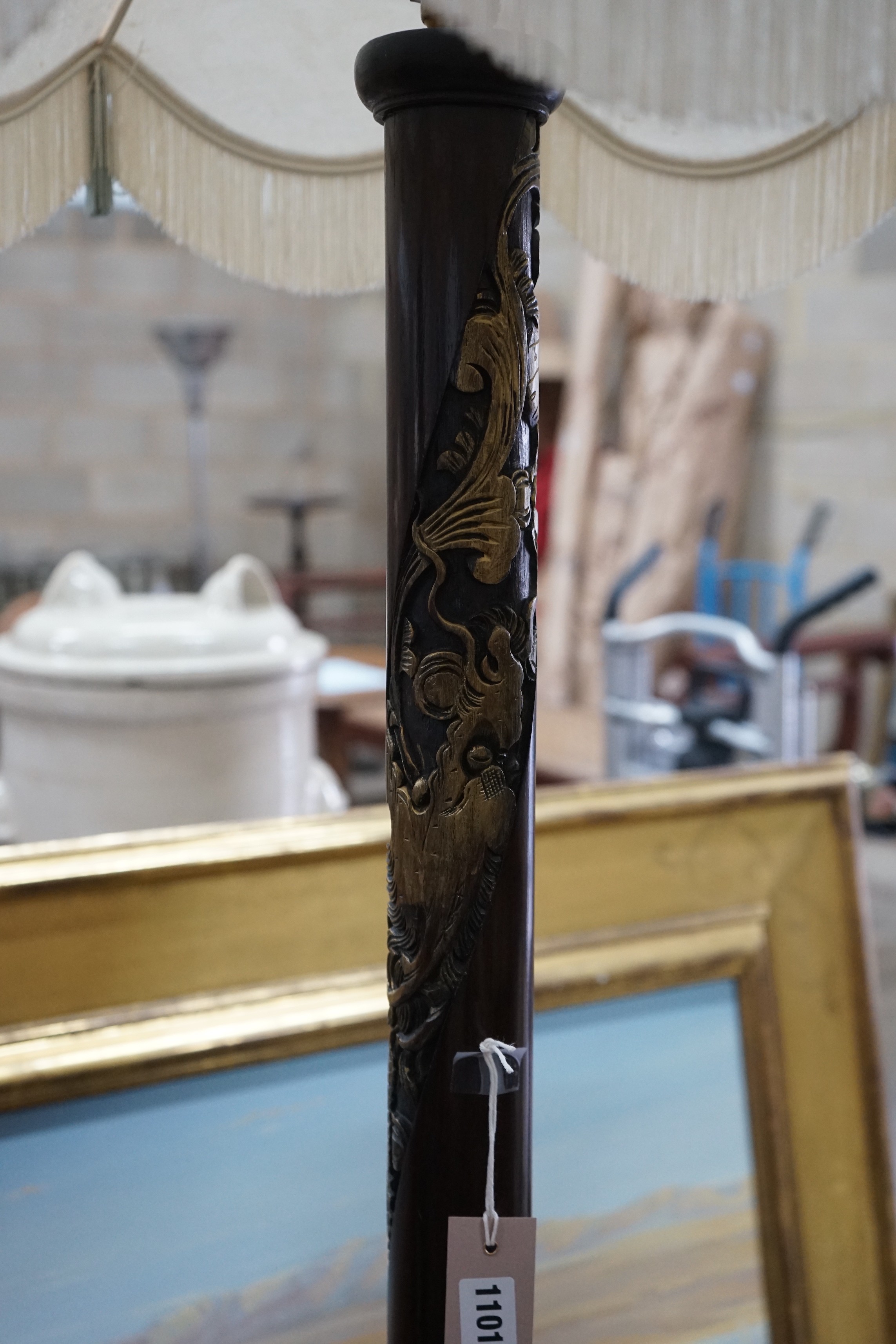 A Chinese style carved mahogany parcel gilt standard lamp, height excluding shade 156cm - Image 2 of 4