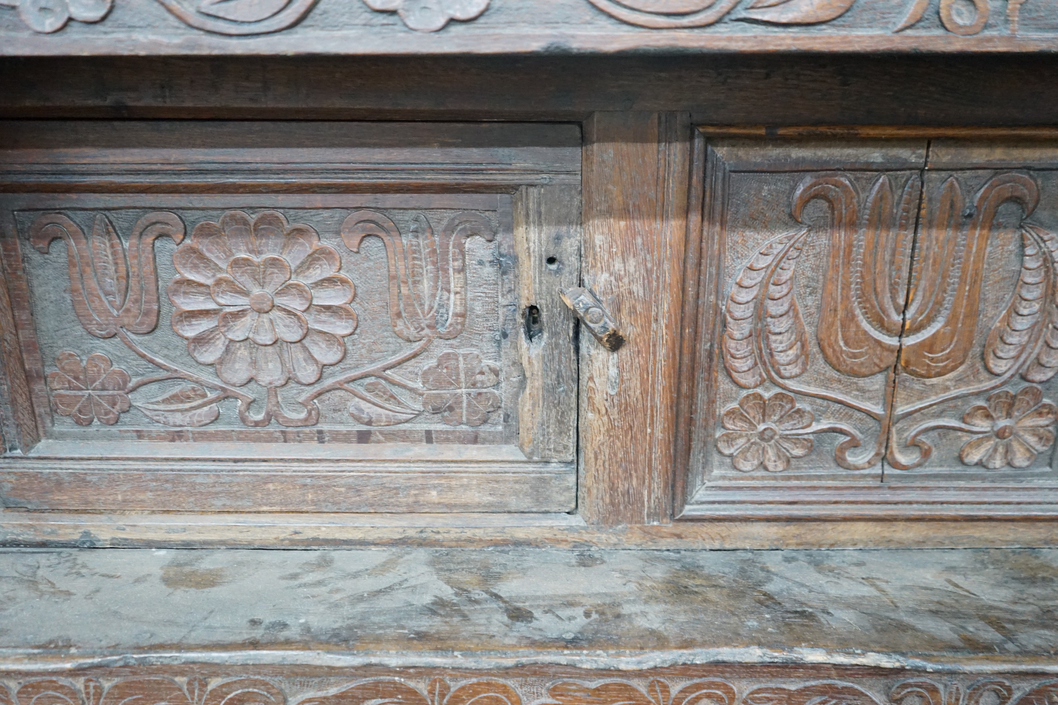 A 17th century carved oak court cupboard, dated 1685, width 170cm, depth 55cm, height 150cm - Image 3 of 4