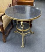 A French taste gilt metal and two tier circular green marble topped table, diameter 74cm, height