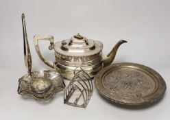 A group of plated wares including an Elkington dish and pierced silver Bon Bon dishes