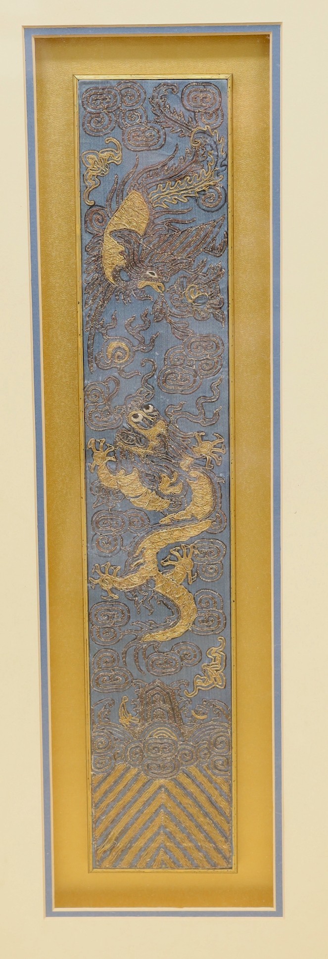 A pair of framed early 20th century Chinese metal thread embroidered ‘dragon’ design sleeve bands, - Image 2 of 4