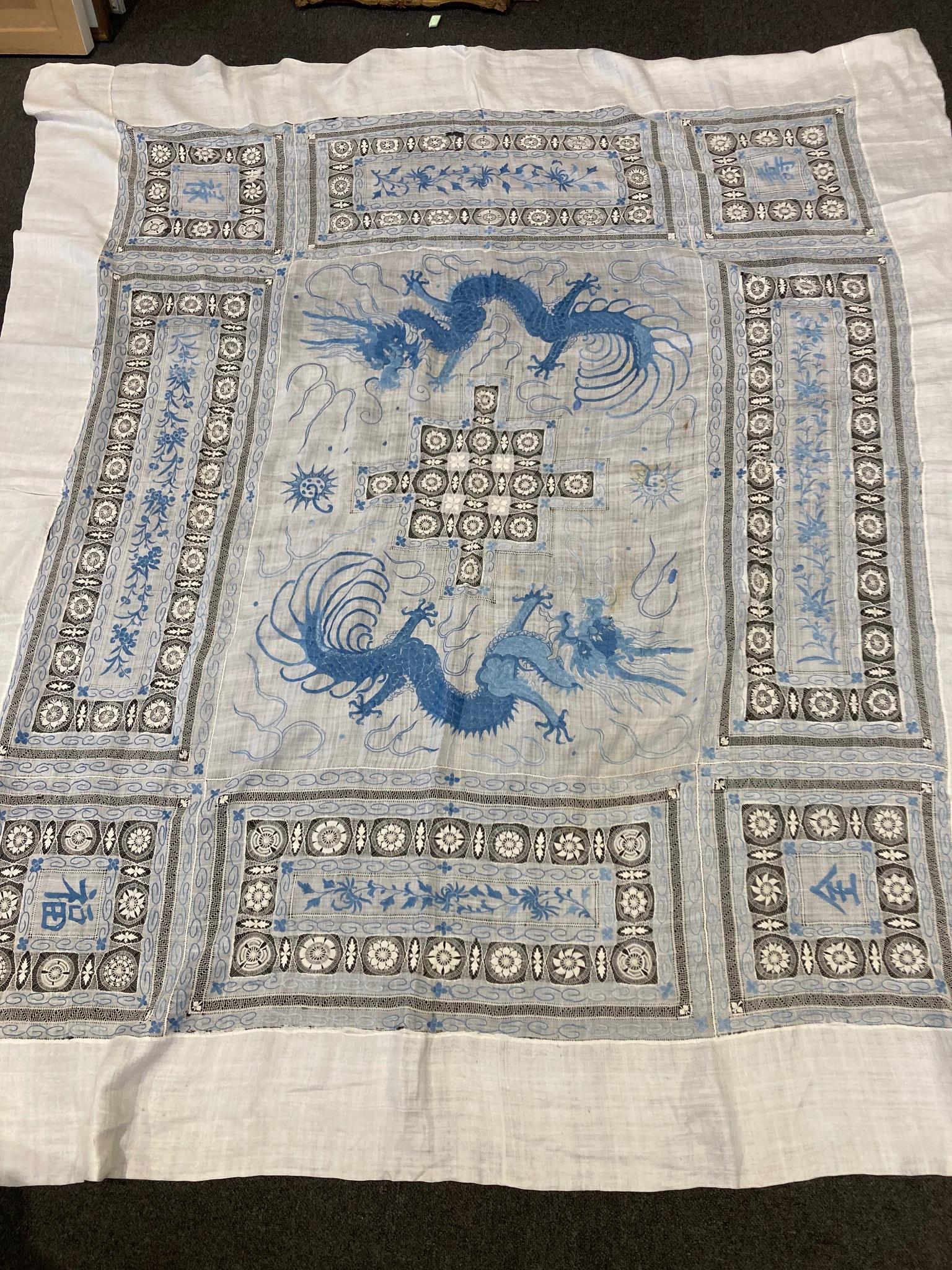 An early 20th century Chinese embroidered linen 'dragon' table cloth