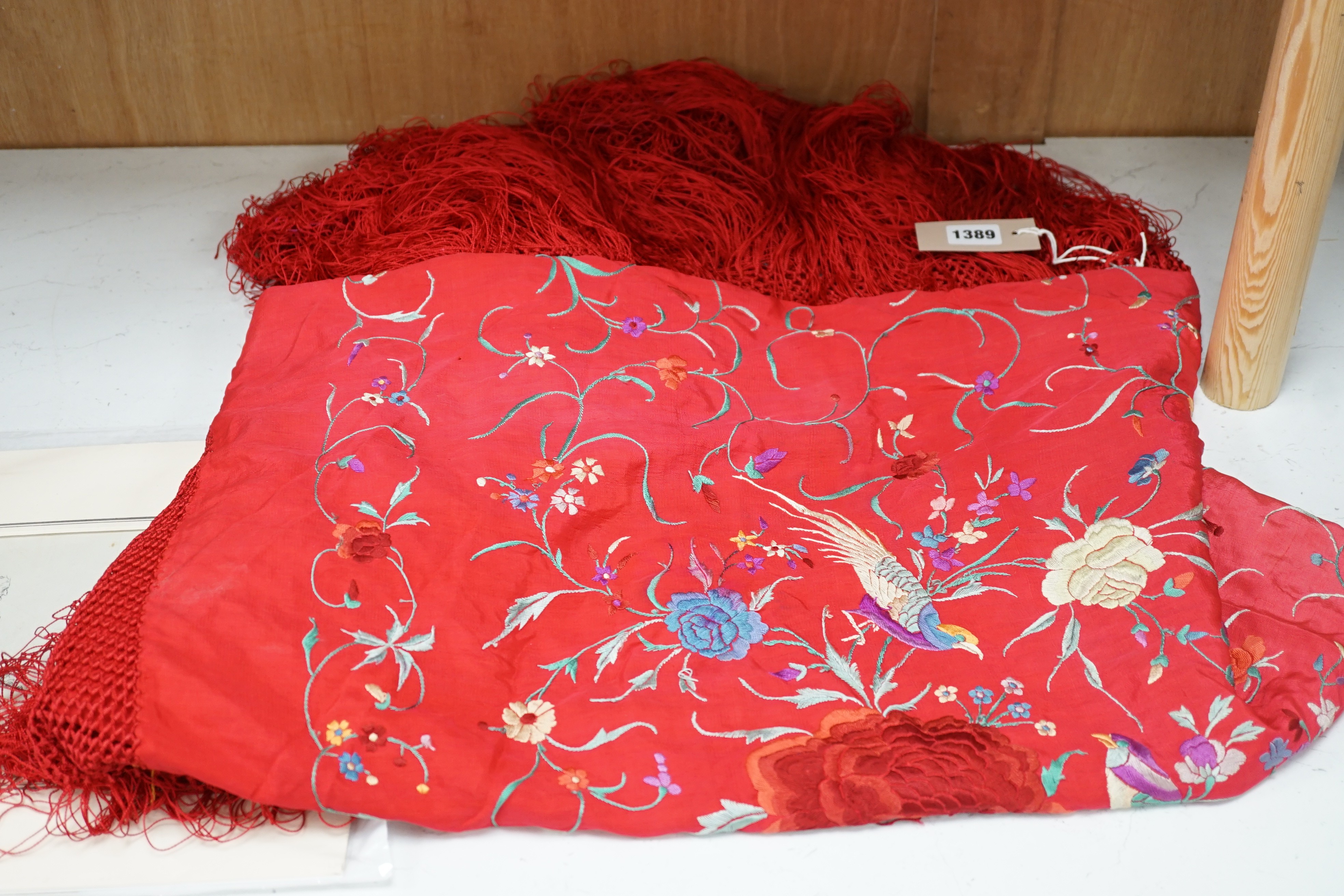 An early 20th century Chinese red silk fringed shawl, with multicoloured polychrome embroidery, - Image 2 of 5