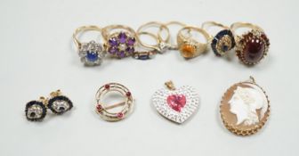 Eight assorted mainly modern 9ct gold and gem set dress rings, including amethyst and split pearl