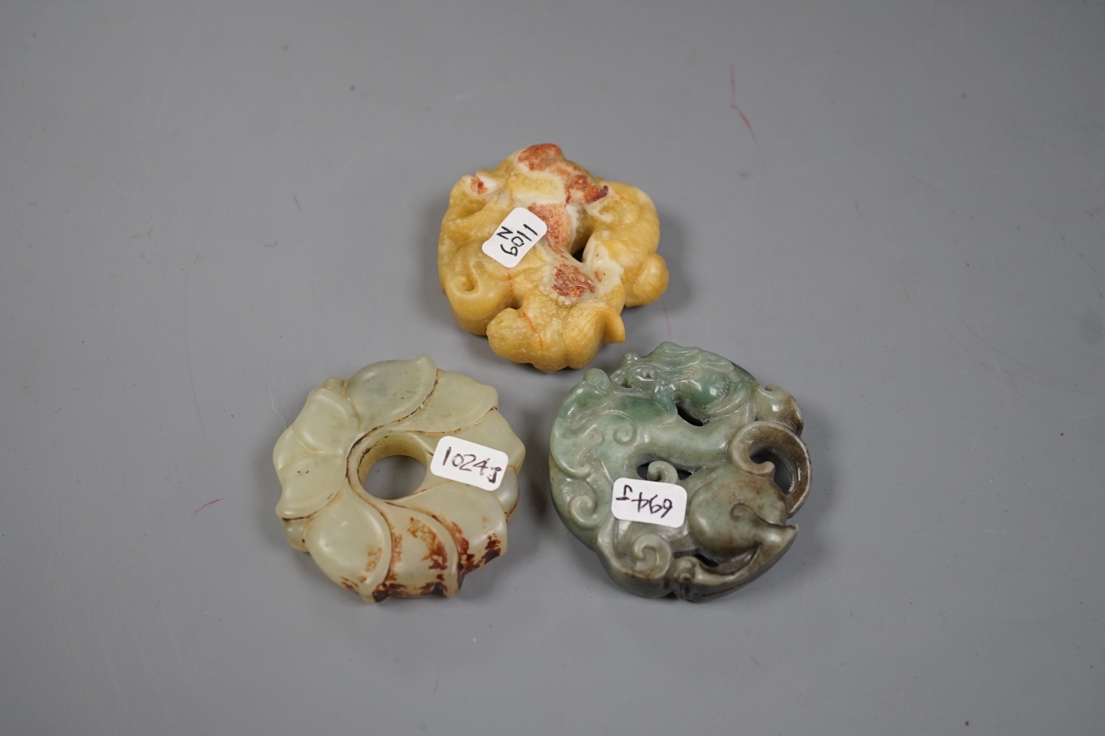 Three Chinese russet jade or hardstone bi discs - Image 3 of 3