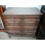 A 17th century oak chest of four drawers, width 93cm, depth 53cm, height 91cm