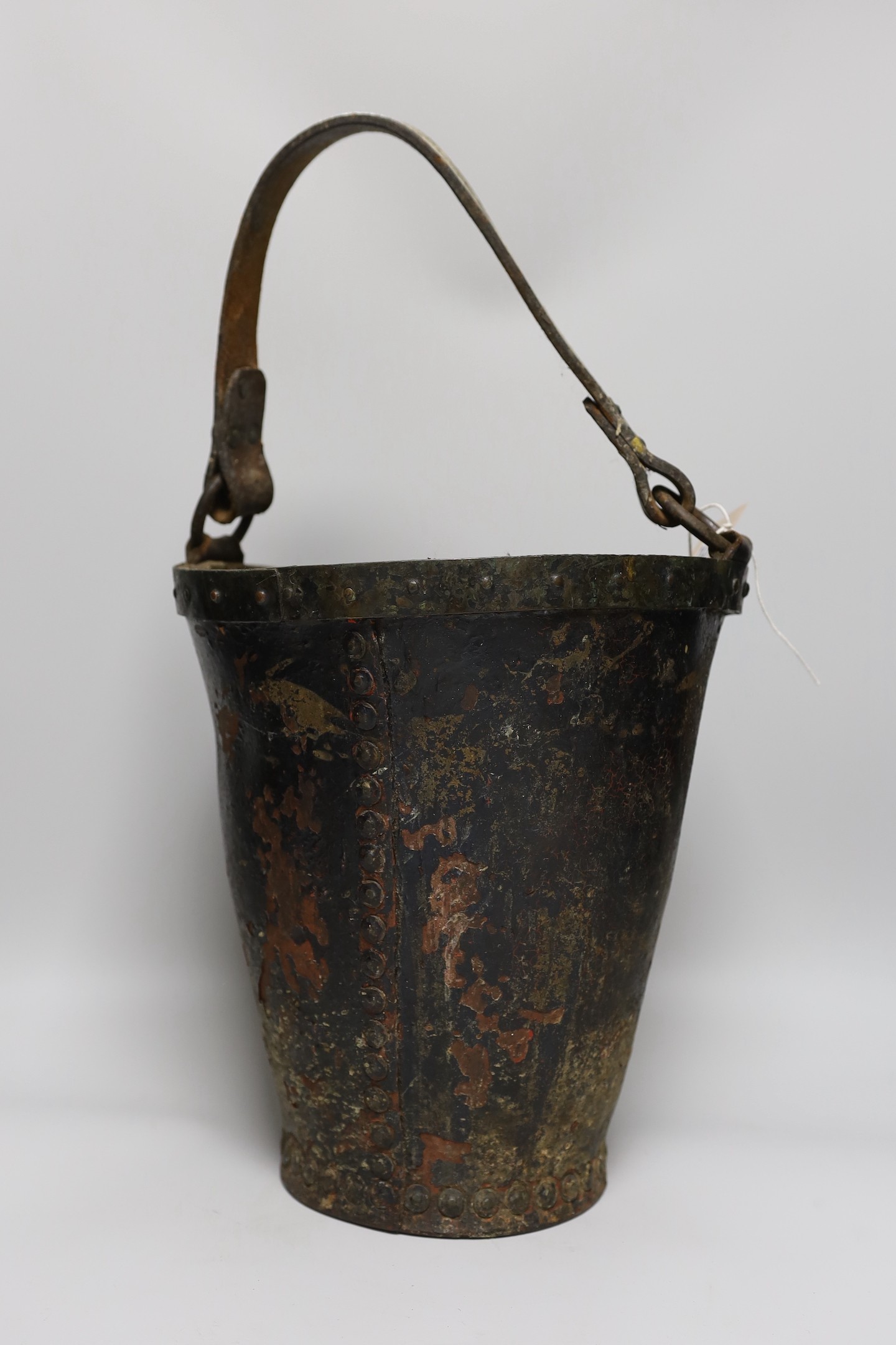 A Victorian leather bound coat of arms fire bucket, bucket 30cms high (not including handle) - Image 2 of 3