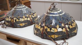 Two Tiffany style stained glass hanging light shades, 44cm wide