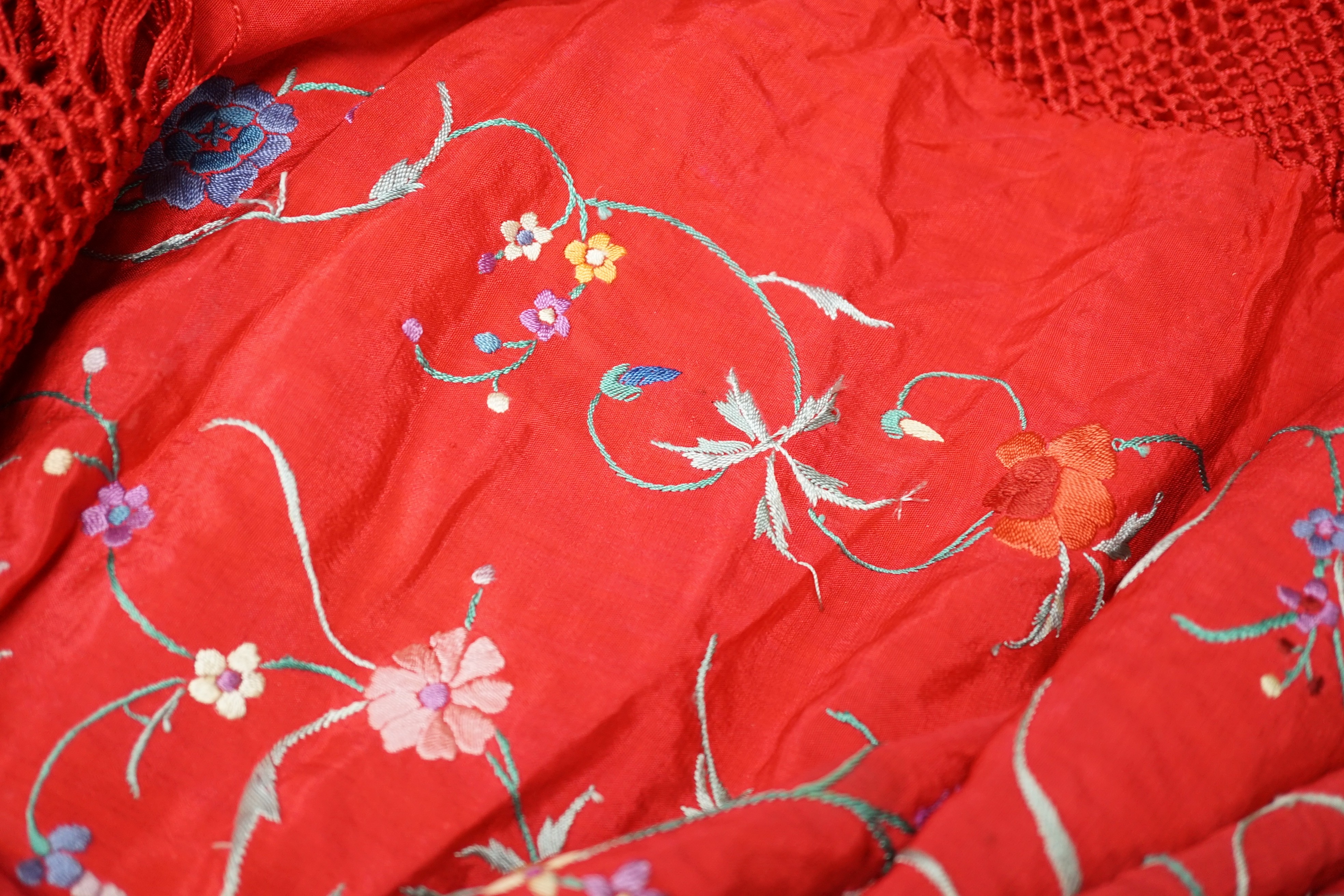 An early 20th century Chinese red silk fringed shawl, with multicoloured polychrome embroidery, - Image 5 of 5