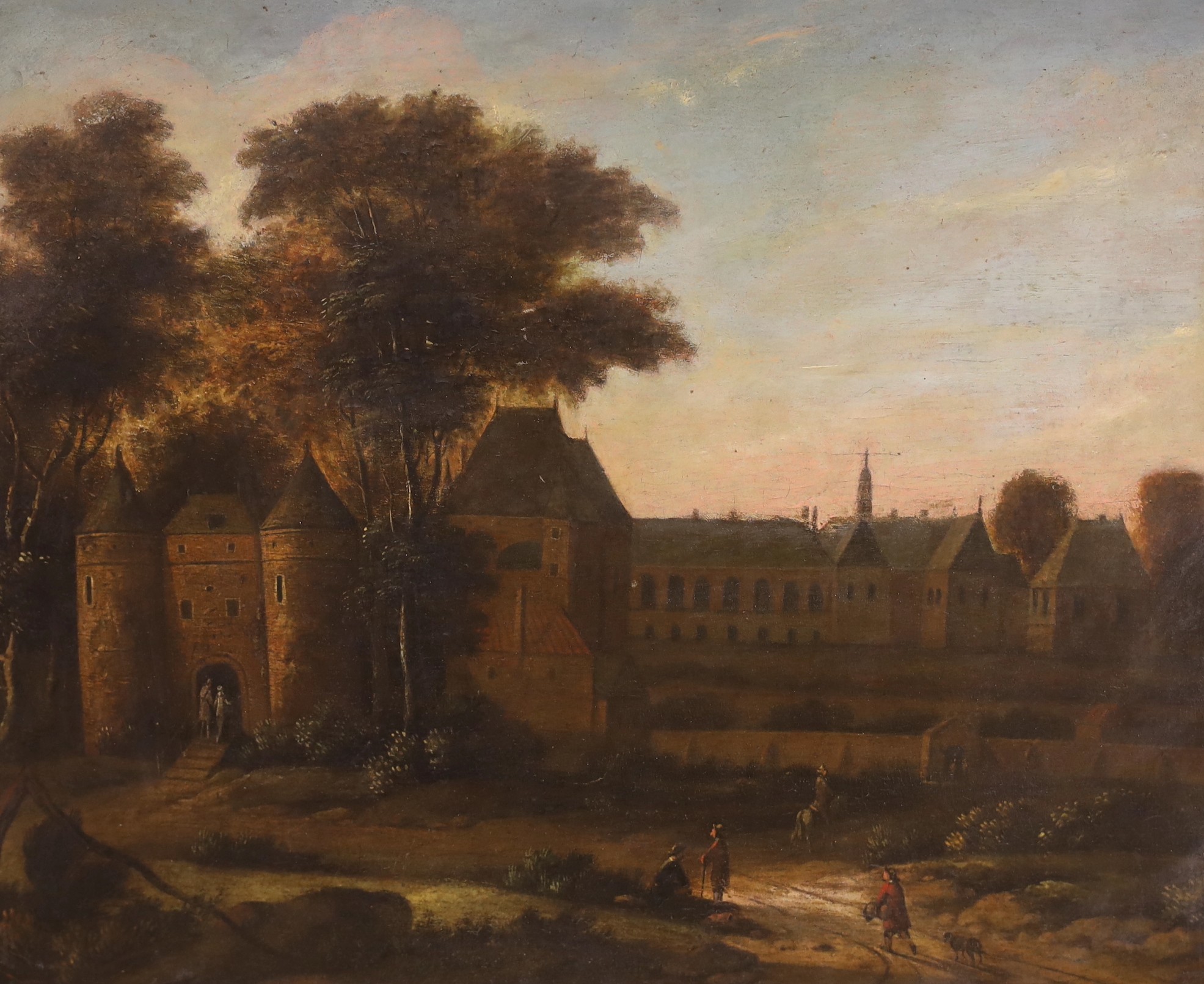 19th century Continental School, oil on wooden panel, View of a chateau, 35 x 41cm