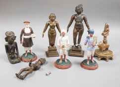 A group of Indian bronze figures of deities, tallest 20 cm and three Indian painted clay figures