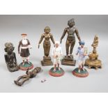 A group of Indian bronze figures of deities, tallest 20 cm and three Indian painted clay figures