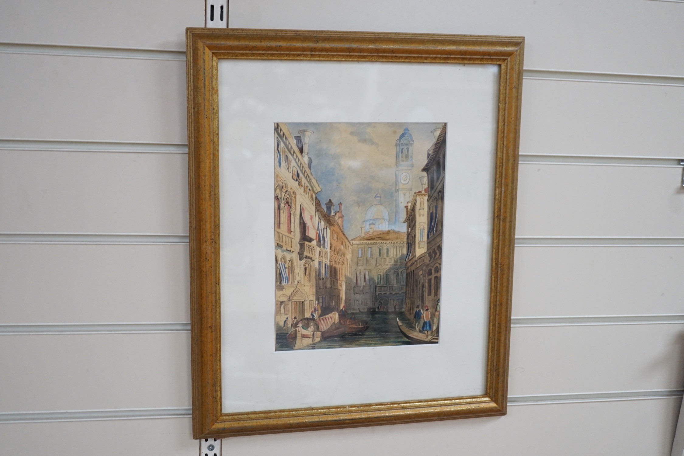 Manner of Samuel Prout, two watercolours, Venetian canal scene and boatmen beside a bridge, - Image 3 of 4