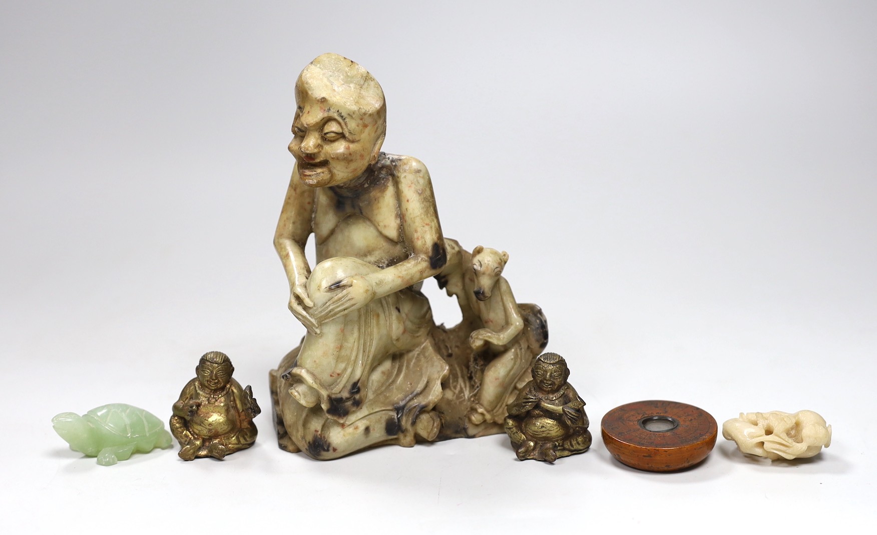 Assorted Chinese works of art including a soapstone carving of a luohan, 16cms high