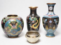 Three Chinese cloisonné enamel vases and a small bronze censer, Tallest 26cm