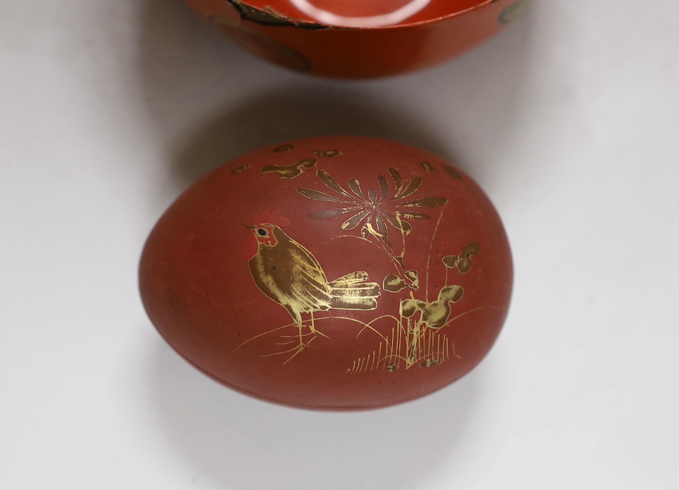 A Chinese rectangular lacquer box, five bowls and an egg shaped box, box 22cms wide x 17cms deep - Image 2 of 5