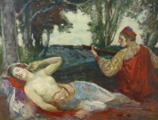 John Henry Amshewitz (SA 1882-1942), oil on wooden panel, Reclining nude and troubadour,, signed