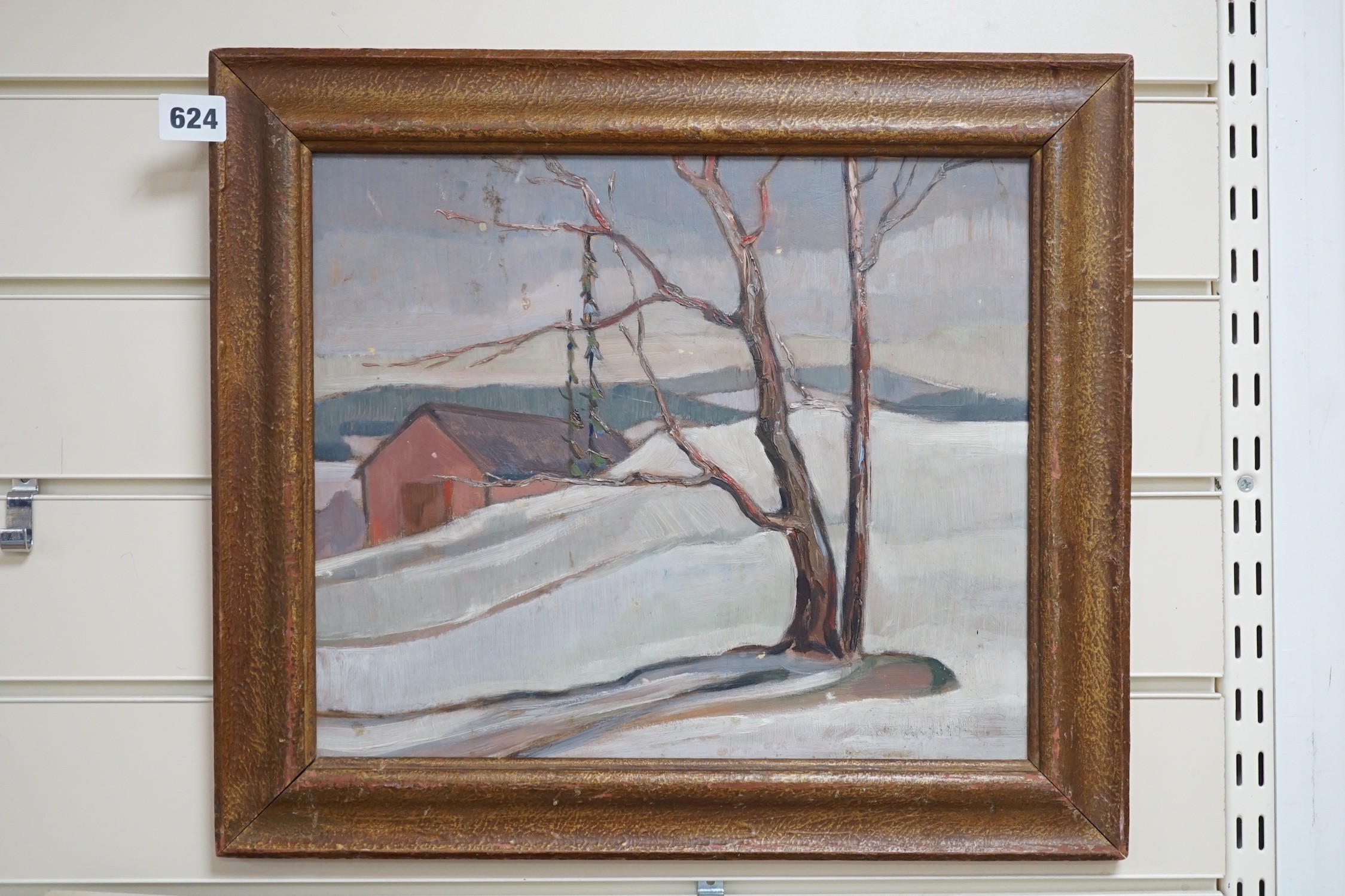Swedish School, oil on board, Tree in a winter landscape, indistinctly signed, 30 x 35cm - Image 2 of 3