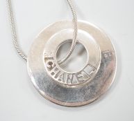 A French silver Chanel graduated double disc pendant necklace, on snake link chain, London import