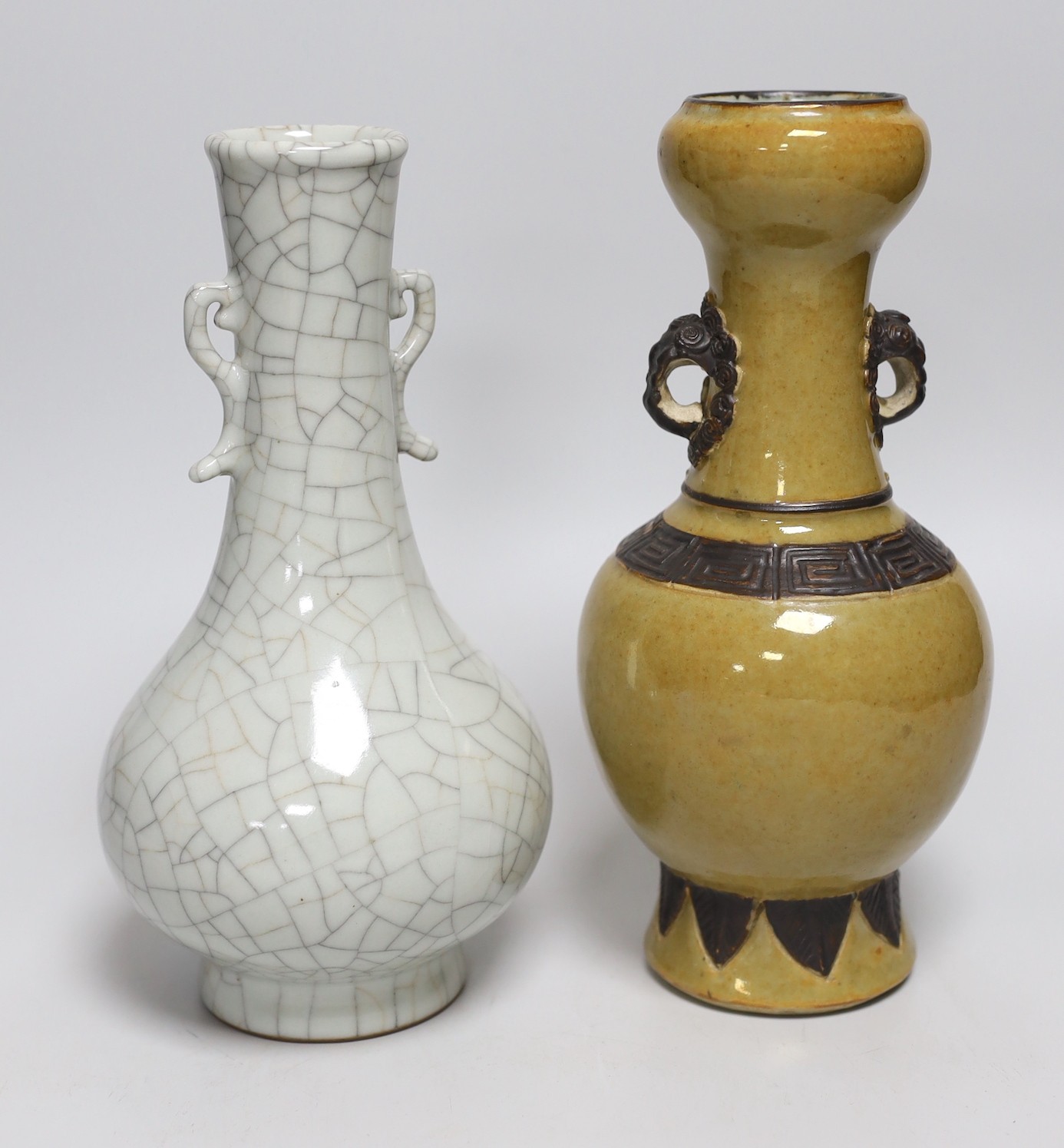 A Chinese crackle glaze vase, 24cms high and a pale brown glazed vase, - Image 2 of 4