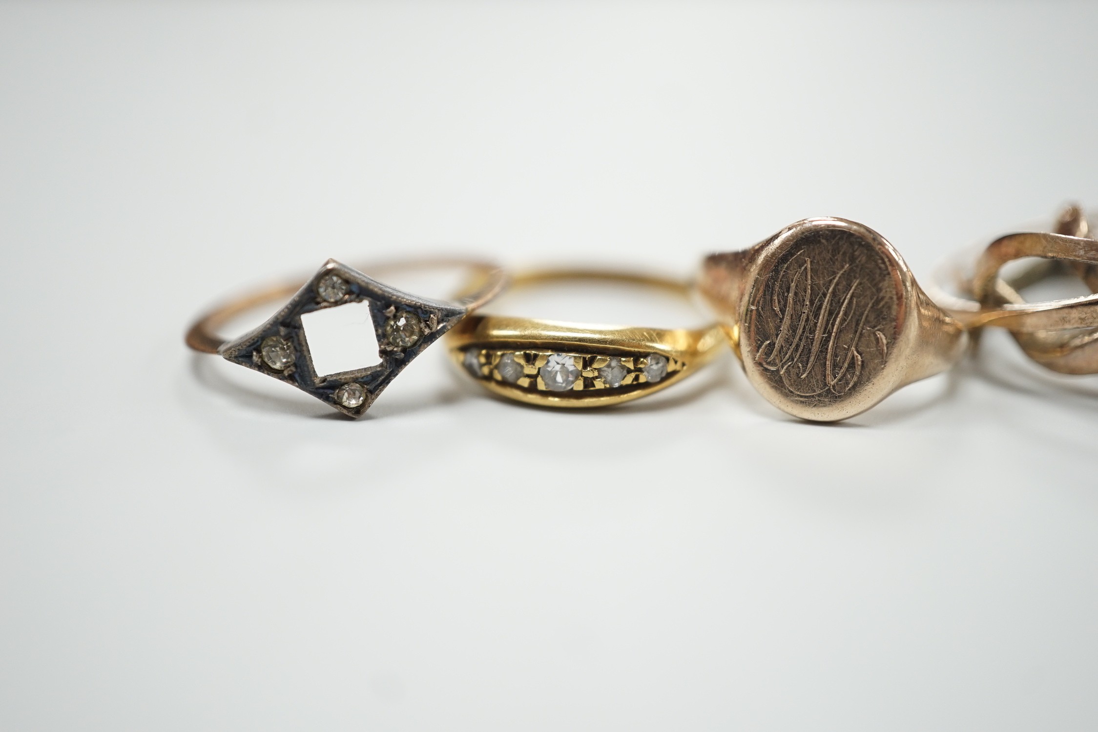 An 18ct gold and five stone diamond chip set ring, size L, gross 2.7 grams, two 9ct rings - Image 3 of 6